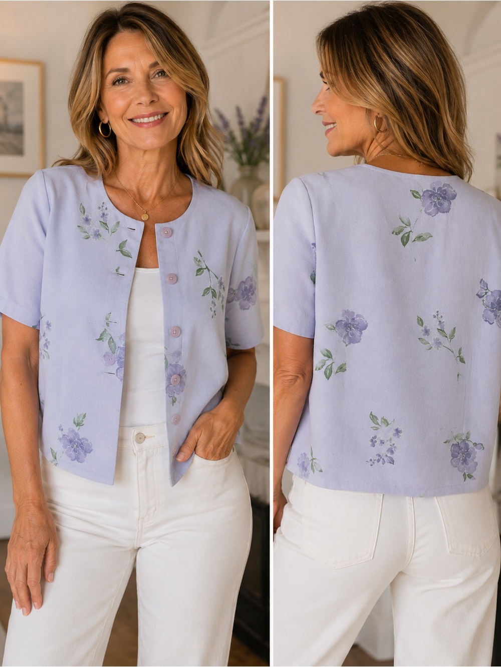 Vintage Alfred Dunner Lavender Floral Short Sleeve Blazer Jacket